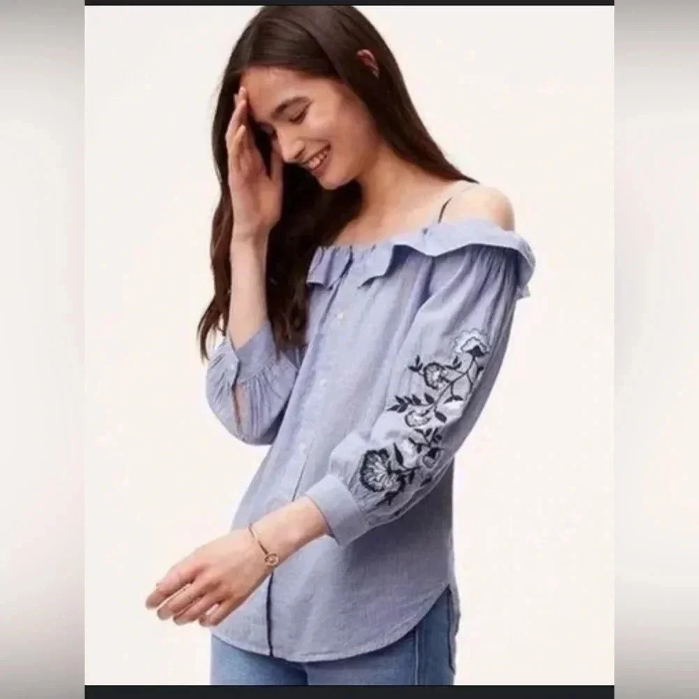 Loft Stripe Floral Embroidered Cold Off Shoulder Button Front Ruffle Top Size S